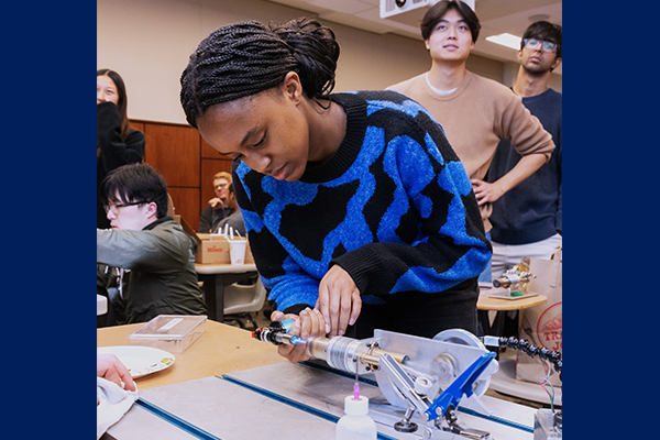 A female student working on a lab project from the Mechanical Engineering and Applied Mechanics department of Penn Engineering